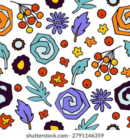 Doodle flowers seamless pattern. Color Autumn plants, buds, berries isolated on white background. Hand-drawn leaves, petals. Decorative signs. Halloween herbs elements. Vector floral illustration