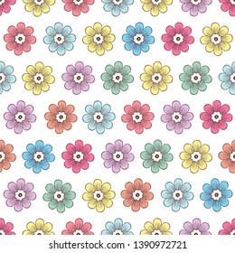 Doodle flowers seamless pattern, colorful floral background. Multicolored simple buds with petals on white backdrop, hand drawing, ornament for fabric design, wallpaper, print. Vector illustration