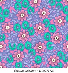 Doodle flowers seamless pattern, colorful floral background. Purple and green flower buds on pink backdrop, hand drawing, delicate ornament for fabric design, wallpaper, print. Vector illustration