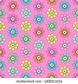 Doodle flowers seamless pattern, colorful floral background. Multicolored bright simple bud with petal on pink backdrop, hand drawing, ornament for fabric design, wallpaper, print. Vector illustration