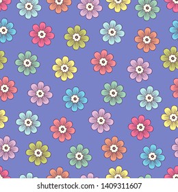 Doodle flowers seamless pattern, colorful floral background. Multicolored bright buds with petals on purple backdrop, hand drawing, ornament for fabric design, wallpaper, print. Vector illustration