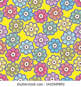Doodle flowers seamless pattern, colorful floral background. Multicolored with purple stroke buds on yellow backdrop, hand drawing, ornament for fabric design, wallpaper, print. Vector illustration