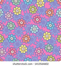 Doodle flowers seamless pattern, colorful floral background. Multicolored bright buds with petals on pink backdrop, hand drawing, ornament for fabric design, wallpaper, print. Vector illustration