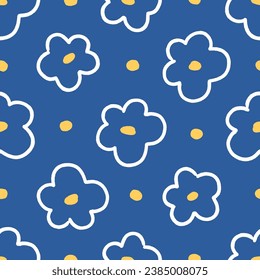 Doodle flowers, seamless pattern design. Floral background, repeating print with simple blooms in kids naive style. Endless texture for textile, fabric, wrapping. Flat graphic vector illustration