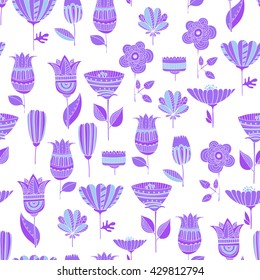Doodle flowers seamless pattern. Flowers and leaves background. Colorful hand drawn herbal pattern.