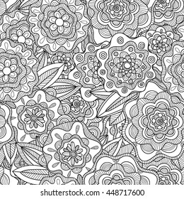 Doodle flowers seamless pattern.Flowers and leaves background. Black and white hand drawn herbal pattern.