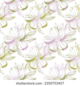 Doodle flowers seamless pattern for paper or textile. Light outline drawings of abstract flowers. Hand drawn, vector. Design botanical drawing layout for wallpaper, fabric, packaging.