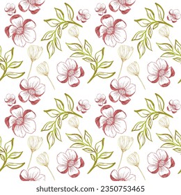 Doodle flowers seamless pattern for paper or textile. Light outline drawings of abstract flowers. Hand drawn, vector. Design botanical drawing layout for wallpaper, fabric, packaging.