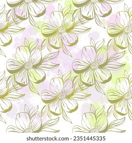 Doodle flowers seamless pattern for paper or textile. Light outline drawings of abstract flowers. Hand drawn, vector. Design botanical drawing layout for wallpaper, fabric, packaging