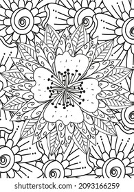 Doodle blüht nahtloses Muster. Whimsical Natur färben Seite. Schwarz-Weiß-Blumendruck zum Färben des Buches. Naturhintergrund. Vektorgrafik