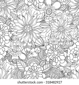 Doodle Flowers Seamless Pattern. Zentangle Herbal Black And White Background.