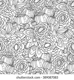 Doodle flowers seamless pattern. Zentangle style flowers and leaves background. Black and white hand drawn herbal pattern.
