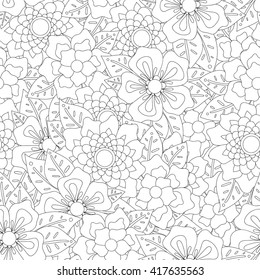 Doodle flowers seamless pattern.
Zentangle style flowers and leaves background. Black and white hand drawn herbal pattern.
