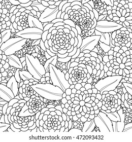Doodle flowers seamless pattern.
Zentangle style flowers and leaves background. Black and white hand drawn herbal pattern.
