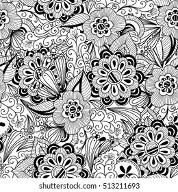 Doodle flowers seamless pattern.
Zentangle style flowers and leaves background. Black and white hand drawn herbal pattern.
