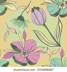 Doodle flowers seamless texture for paper or textile.Color contour drawings of abstract flowers. Hand drawn, vector. Design botanical drawing layout for wallpaper, fabric, packaging.