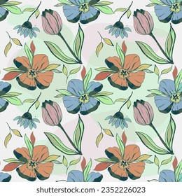 Doodle flowers seamless texture for paper or textile.Color contour drawings of abstract flowers. Hand drawn, vector. Design botanical drawing layout for wallpaper, fabric, packaging