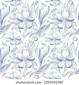 Doodle flowers seamless texture for paper or textile.Single color contour drawings  of abstract flowers. Hand drawn, vector. Design botanical drawing layout for wallpaper, fabric, packaging