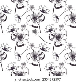 Doodle flowers seamless texture for paper or textile.Single color contour drawings  of abstract flowers. Hand drawn, vector. Design botanical drawing layout for wallpaper, fabric, packaging