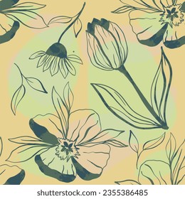 Flores de Doodle textura sin fisuras para papel o textil.Dibujos de contorno de un solo color de flores abstractas. Dibujado a mano, vector. Diseño de diseño de planos botánicos para papel pintado, tela, embalaje