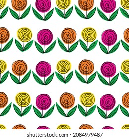 Doodle flowers seamless vector pattern. Modern line art background decorative flowers. Vector sketch illustration isolated on white background. Simple cute art for fabric, wallpaper, wrapping, spring.