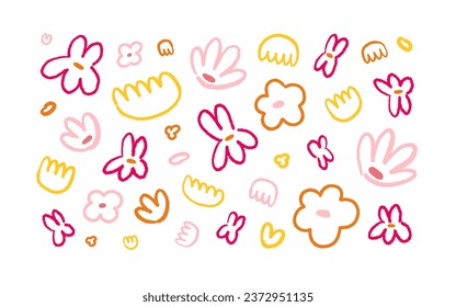 Doodle flowers set. Abstract simple floral shapes, design elements in scribble, cute kids drawing style. Crooked naive blooms decorations. Hand-drawn vector illustrations isolated on white background