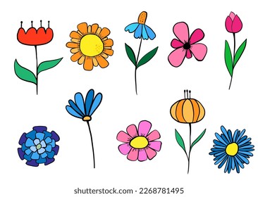 Doodle flowers set Colourful red blue pink orange.