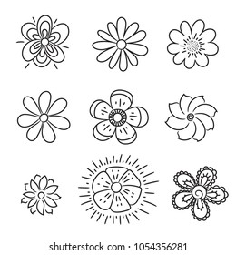 Doodle flowers set. Hand drawn line brush element for wedding, birthday, greeting cards or print for the balloon, t-shirts, notepad, pillows