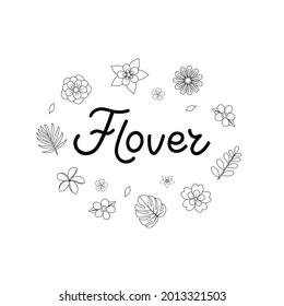 Doodle flowers set. Lettering flower. Hand drawn line sketch flower and leaf collections. Vector illustration