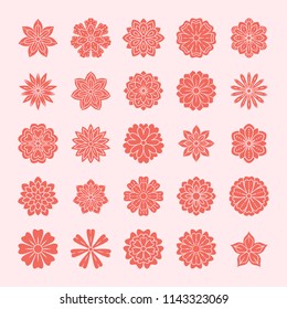 Doodle flowers set, pink red color. Beautiful floral design elements for wedding card. Zentangle backdrop, summer flower drawing. Cute silhouette illustration.