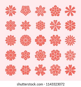 Doodle flowers set, pink red color. Beautiful floral design elements for wedding card. Zentangle backdrop, summer flower drawing. Cute silhouette illustration.