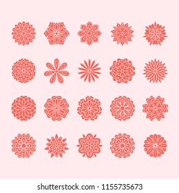 Doodle flowers set, pink red color. Beautiful floral design elements for wedding card. Zentangle backdrop, summer flower drawing. Cute silhouette illustration.