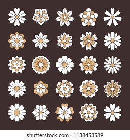 Doodle flowers set, white gold color. Beautiful floral design elements for wedding card. Zentangle backdrop, summer flower drawing. Cute silhouette illustration.