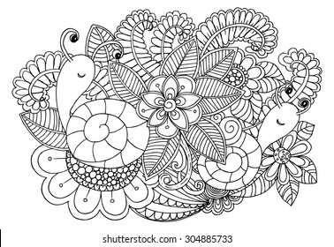 Doodle flowers and snaike in black and white