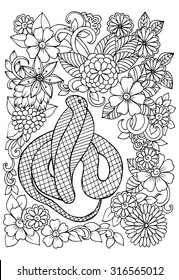 Doodle flowers and the snake in a tropical forest for coloring book