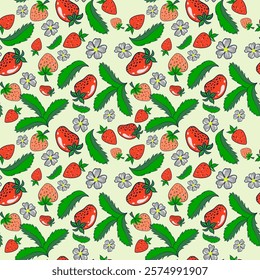 Doodle flowers 
strawberries seamless texture for paper or textile.Color contour drawings of abstract flowers. Hand drawn, vector. Design botanical drawing layout for wallpaper, fabric, packaging