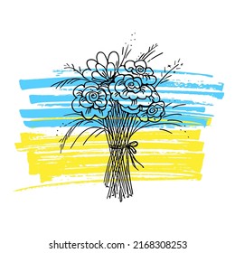 Doodle flowers with Ukraine flag backgrounds,symbol of peace and freedom. National blue-yellow sign of independence, backdrop, icon. Brush painted grunge wallpaper, banner. Isolated.Vecor illustration