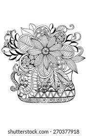 Doodle flowers and a vase. Floral pattern in black and white colors. 