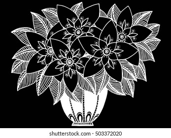 Doodle flowers and a vase. Floral pattern in black and white colors