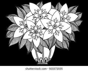 Doodle flowers and a vase. Floral pattern in black and white colors