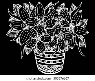 Doodle flowers and a vase. Floral pattern in black and white colors