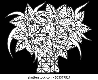 Doodle flowers and a vase. Floral pattern in black and white colors