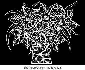 Doodle flowers and a vase. Floral pattern in black and white colors