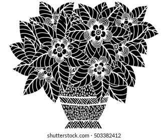 Doodle flowers and a vase. Floral pattern in black and white colors