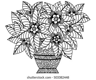 Doodle flowers and a vase. Floral pattern in black and white colors