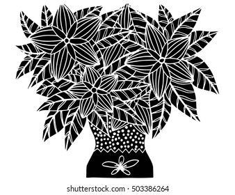 Doodle flowers and a vase. Floral pattern in black and white colors