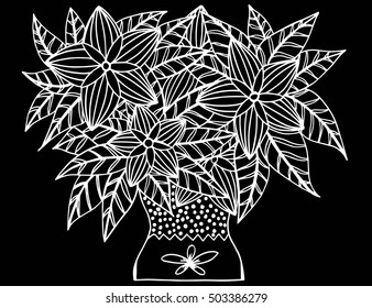 Doodle flowers and a vase. Floral pattern in black and white colors