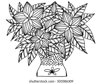 Doodle flowers and a vase. Floral pattern in black and white colors