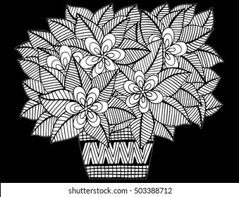 Doodle flowers and a vase. Floral pattern in black and white colors