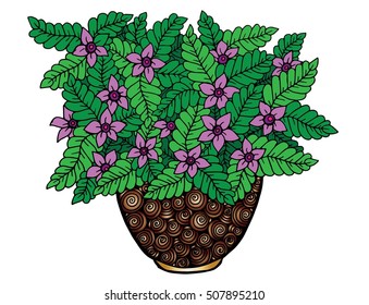 Doodle flowers and a vase. Floral pattern, hand drawing